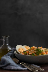 Ready to eat beans salad on grey background, space for text. healthy nutrition concept