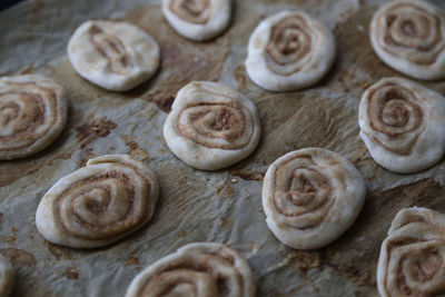 Close-up of spiral dough on table