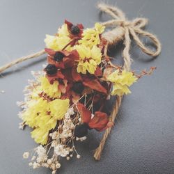 High angle view of yellow flowering plant on table