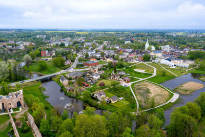 New well-kept park for a walk in dobele, latvia, facilitated footpath in the city park, aerial view