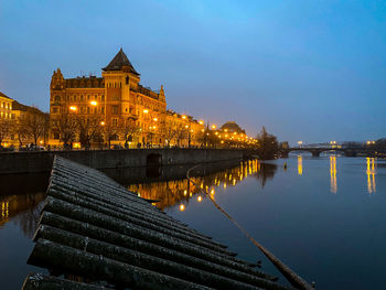 Reflection of illuminated buildings in lake at night