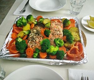 High angle view of vegetables in plate on table