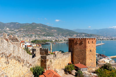 View of the resort town of alanya, the red tower