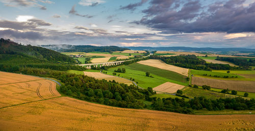 Panoramic view of a landcape in bavaria with a bridge