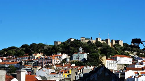 Buildings in city against clear blue sky