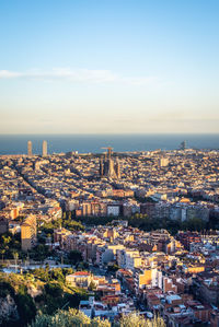 High angle view of barcelona during sunset
