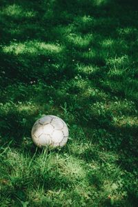 High angle view of soccer ball on field