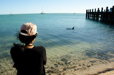 Rear view of woman looking at dolphin swimming in sea