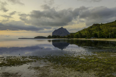 Scenic view of lake against cloudy sky