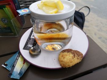 High angle view of breakfast on table