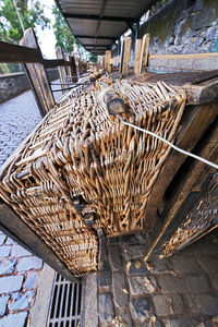 High angle view of wicker basket in building