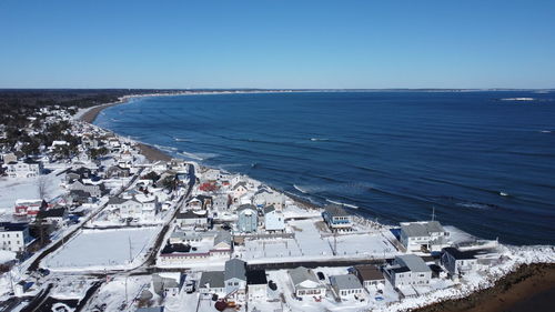 High angle view of sea against clear sky