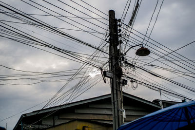 Low angle view of electricity pylon against sky