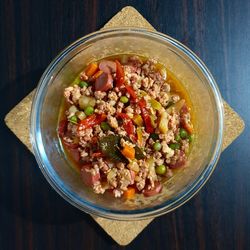 High angle view of salad in bowl on table