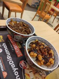 High angle view of meal served on table