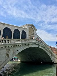 Bridge over river in city against cloudy sky