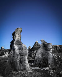 Low angle view of rock formation against clear blue sky