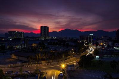 High angle view of city at night