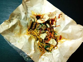 High angle view of food served on table