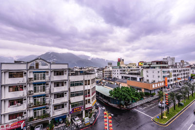 High angle view of cityscape against cloudy sky