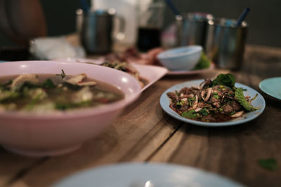 Close-up of food served on table