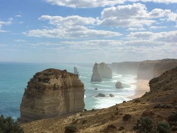 Scenic view of rock formation and sea against sky