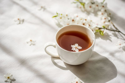 High angle view of tea served on table