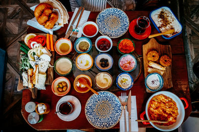 High angle view of breakfast served on table