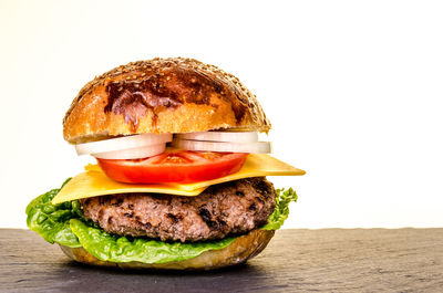 Close-up of burger against white background