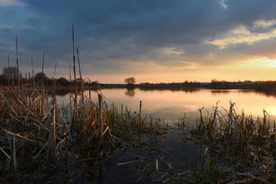 Scenic view of lake at sunset