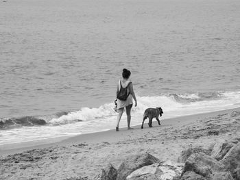 Tourist walking on beach with dog