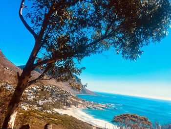 Scenic view of sea against clear blue sky