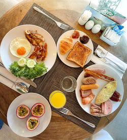 High angle view of breakfast served on table