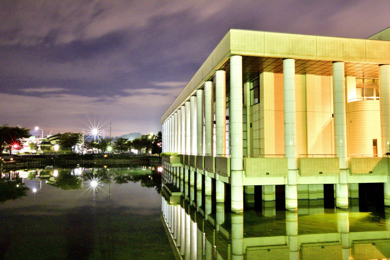 reflection, sky, water, cloud - sky, built structure, architecture, building exterior, outdoors, no people, illuminated, day, nature, tree