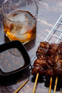 High angle view of food and drink on table