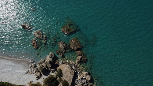 High angle view of rocks on beach