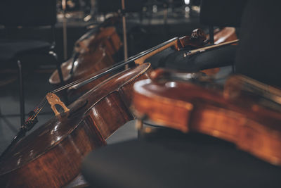 Close-up of cello and a violin