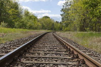 Railroad tracks by trees against sky