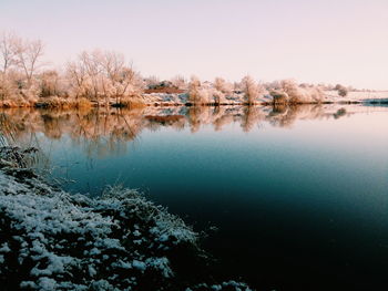 Reflection of trees in lake against clear sky