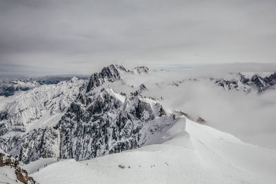 Scenic view of snow covered mountains against sky