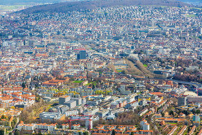 High angle view of buildings in city