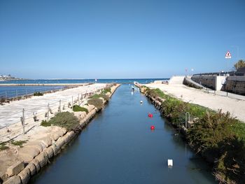 Panoramic view of sea against clear blue sky