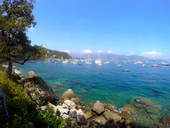 Scenic view of bay against sky