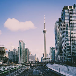 View of city buildings against cloudy sky