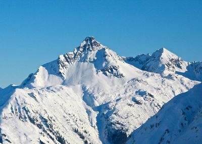 Scenic view of snowcapped mountains against clear blue sky