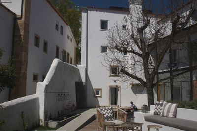 Houses and trees by buildings in city