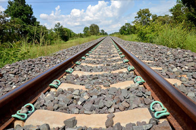 Railroad track amidst trees against sky