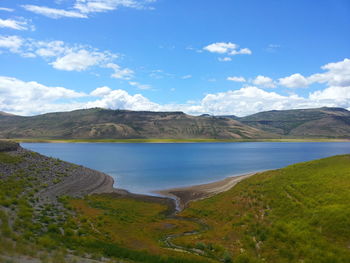Scenic view of lake against cloudy sky