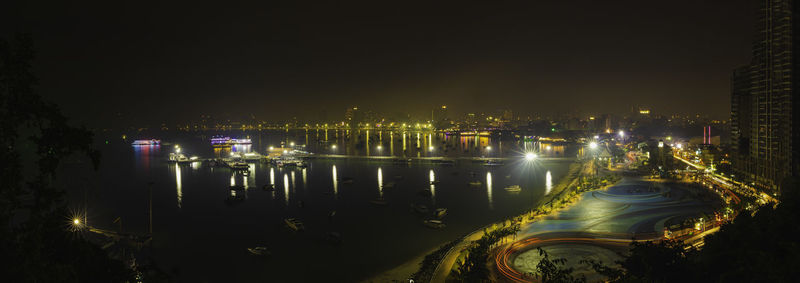 High angle view of illuminated city at night