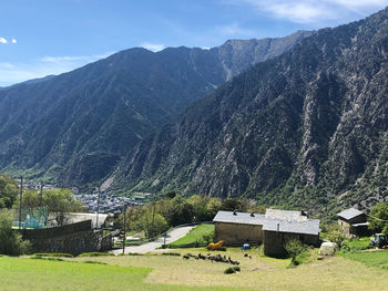 High angle view of trees and buildings against sky